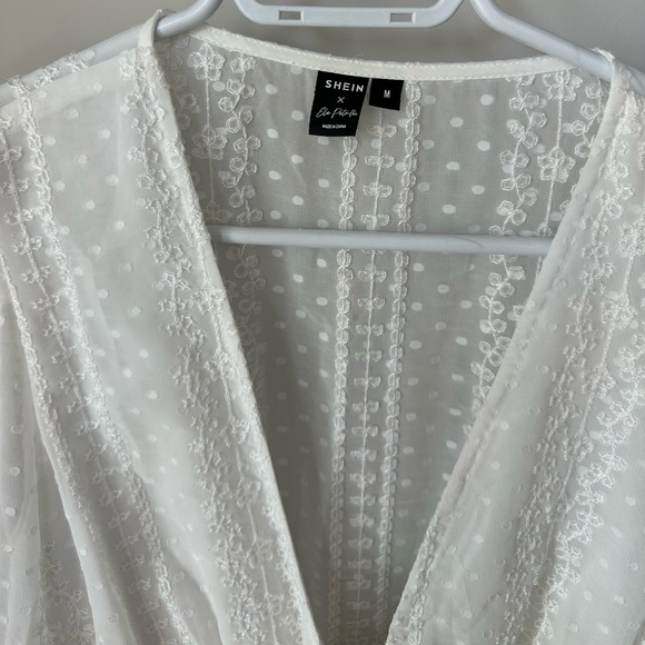 SHEIN X ELEPETRELLA Lantern Sleeve Tie Layered Hem Embroidery Chiffon Dress - MD - Picture 6 of 8